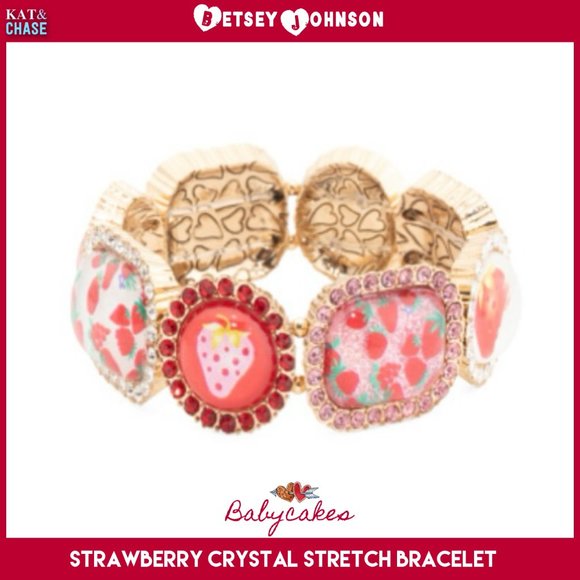 Betsey Johnson Babycakes Strawberry Stretch Bracelet Red Pink Crystal Food Berry - Picture 7 of 11